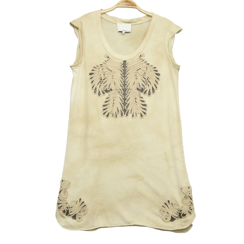 3.1 Phillip Lim Tie Dye Cotton Jersey Dress M Cream Beige Beaded Embellished